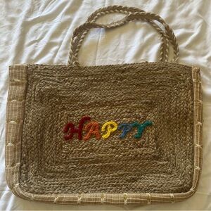 Tote bag- colorful ‘Happy’ Embroidered. Woven Jute, zippered. New in packaging